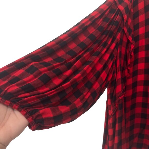 Cato Red & Black Plaid Button-Up Shirt With Ruffle Sleeves Womens Size 26/28W - Picture 10 of 12